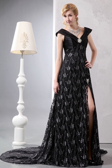 Chic High Slit Black Lace Formal Evening Dress 
