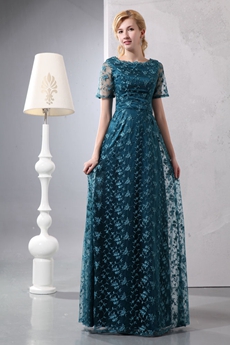 Short Sleeves Long Length Teal Color Lace Mother Dress 