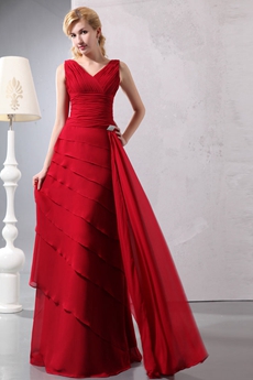 Vintage V-Neckline A-line Full Length Red Chiffon Mother Of The Bride Dress 