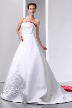 Colorful Red & White Embroidery Satin Wedding Gown 