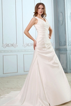 V-Neckline Ivory Satin Plus Size Wedding Dress With Buttons 