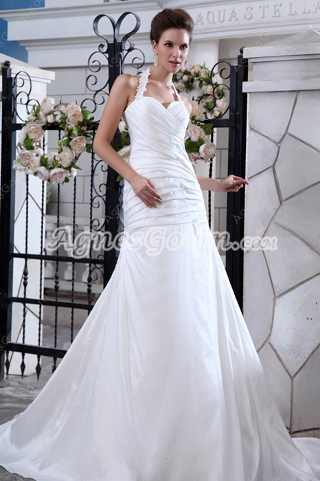 Halter Taffeta A-line Wedding Dress Pleated Bodice 