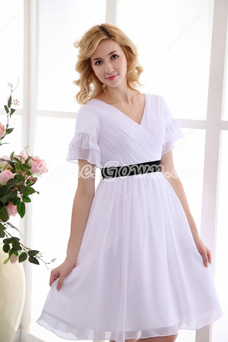 Short Sleeves Knee Length White Chiffon Beach Wedding Dress 