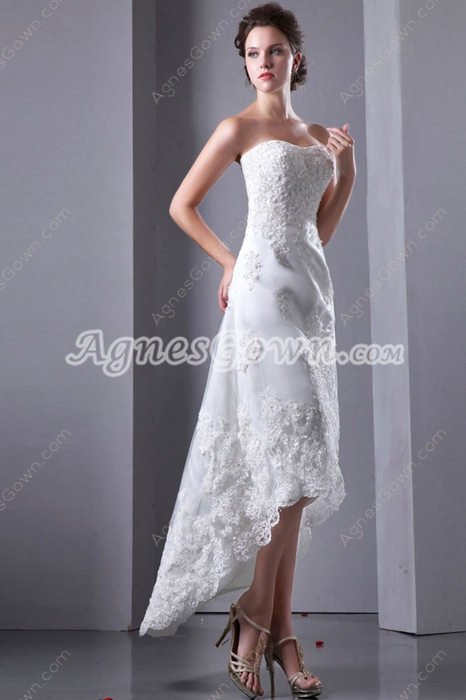 Dipped Neckline High Low Beach Wedding Dress With Lace Appliques 