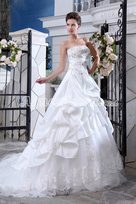 Flattering Taffeta And Tulle Wedding Dress With Rosette 
