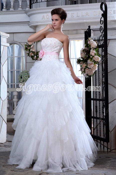 Colorful White & Pink Heavy Layered Wedding Dress With Pearls 