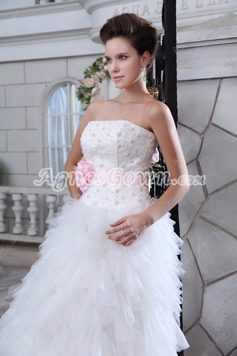 Colorful White & Pink Heavy Layered Wedding Dress With Pearls 