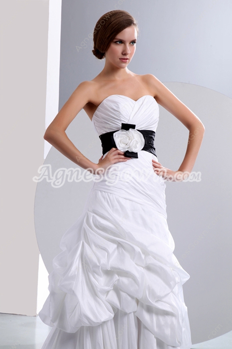 Beautiful A-line White Taffeta Wedding Dress With Black Belt 