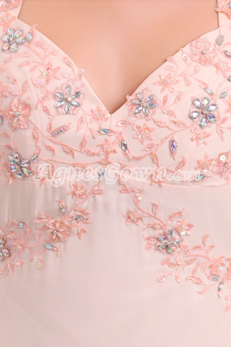 Delicate Straps A-line Pink Chiffon Celebrity Evening Dress 