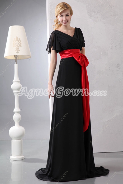 Short Sleeves Black Chiffon Long Prom Dress With Red Sash 