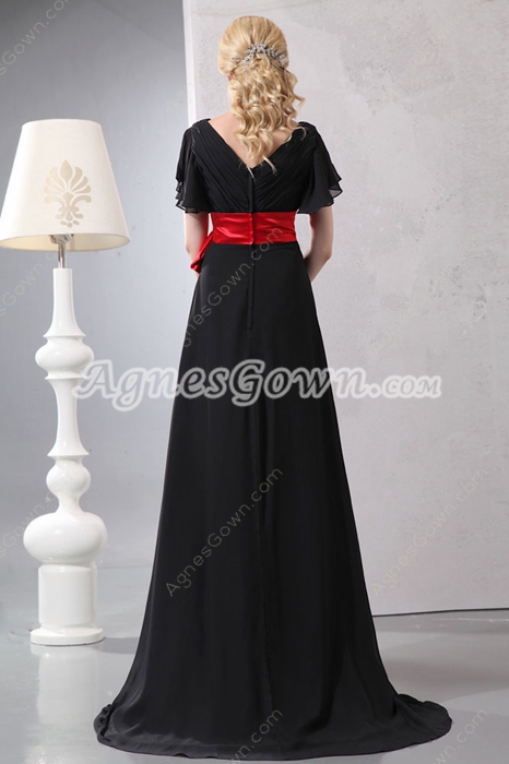 Short Sleeves Black Chiffon Long Prom Dress With Red Sash 