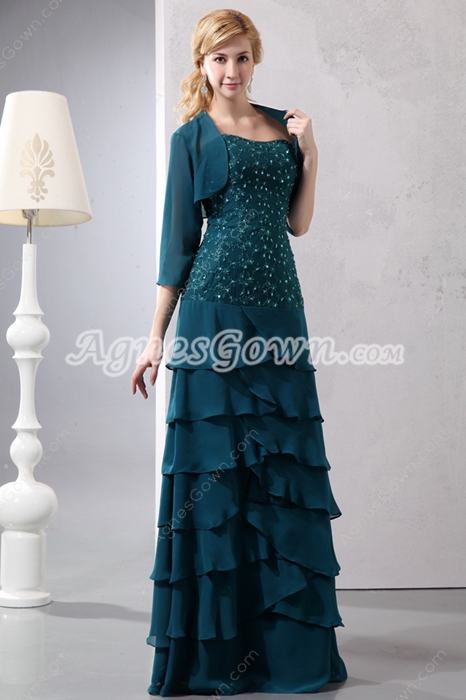 Column Full Length Teal Colored Mother Of The Bride Dress 