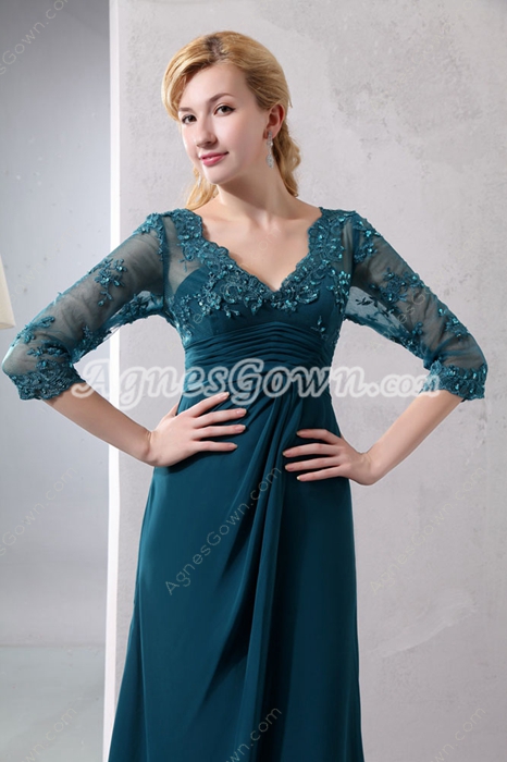3/4 Lace Sleeves Teal Mother Of The Groom Dress 