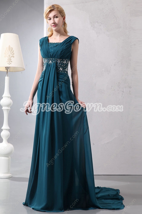 Beautiful A-line Teal Chiffon Formal Evening Dress With Beads 