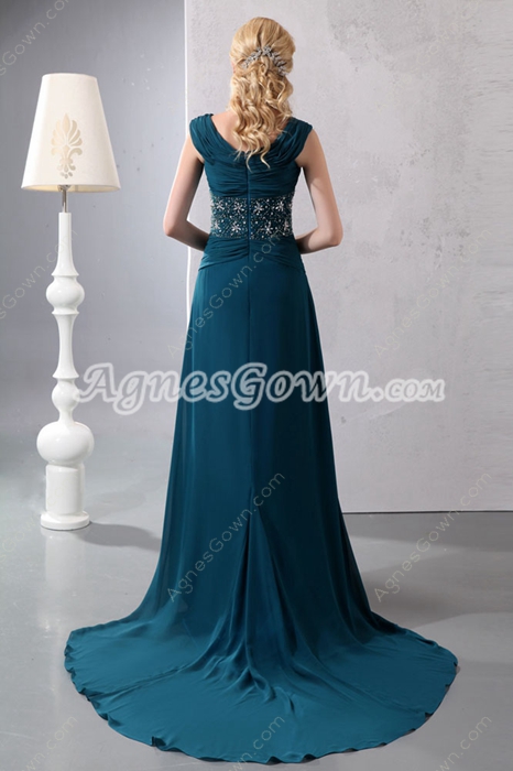 Beautiful A-line Teal Chiffon Formal Evening Dress With Beads 