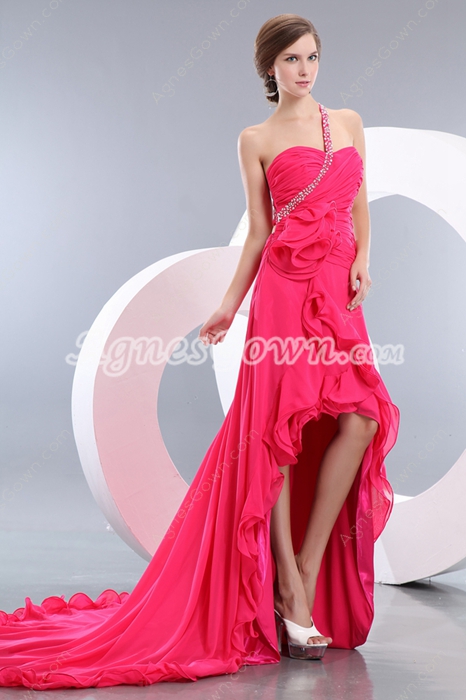 Lovely Single Straps Hot Pink High Low Party Dress 