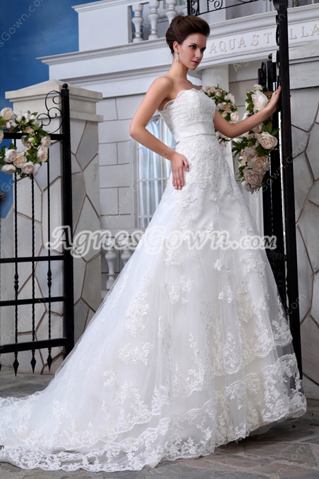 Luxurious Jeweled Lace Wedding Dress With Satin Band 