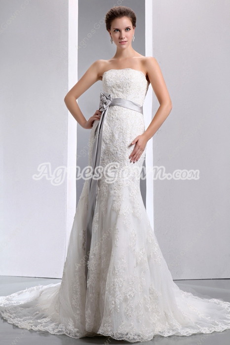 Exclusive Ivory Lace Wedding Dress With Silver Sash 