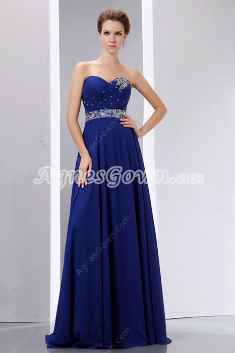 Delicate Royal Blue Prom Party Dress With Beaded Belt 