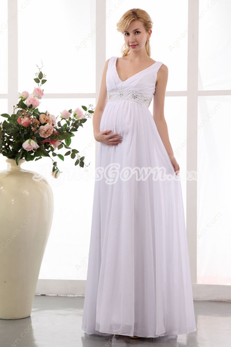 V-Neckline White Chiffon Wedding Dress For Maternity Women 
