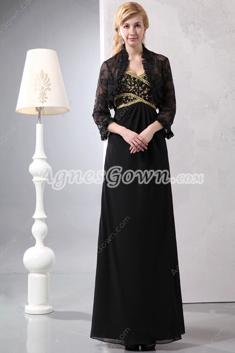 Ankle Length Black Chiffon Mother Dress With Lace Bolero 