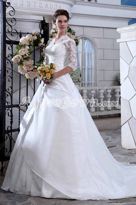 3/4 Sleeves Winter Wedding Dress With Illusion Neckline 