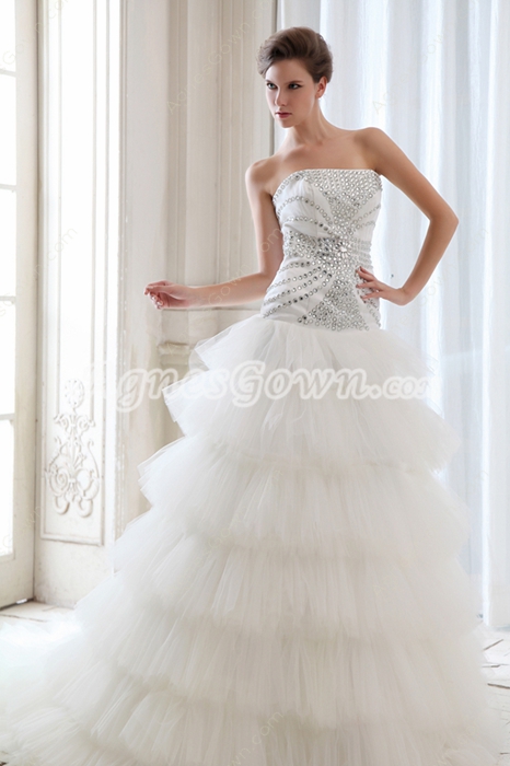 Drop Waist Inspired 6 Tiered Wedding Dress With Diamonds 