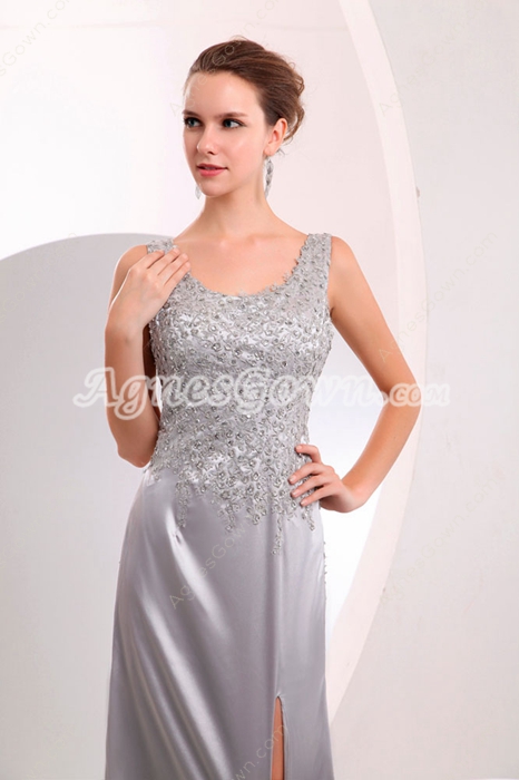 Hot Backless Silver Satin Evening Dress High Slit 