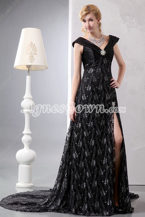 Chic High Slit Black Lace Formal Evening Dress 