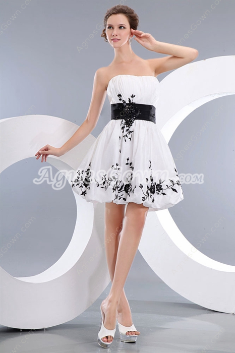 Short Length White Taffeta Homecoming Dress With Black Appliques 