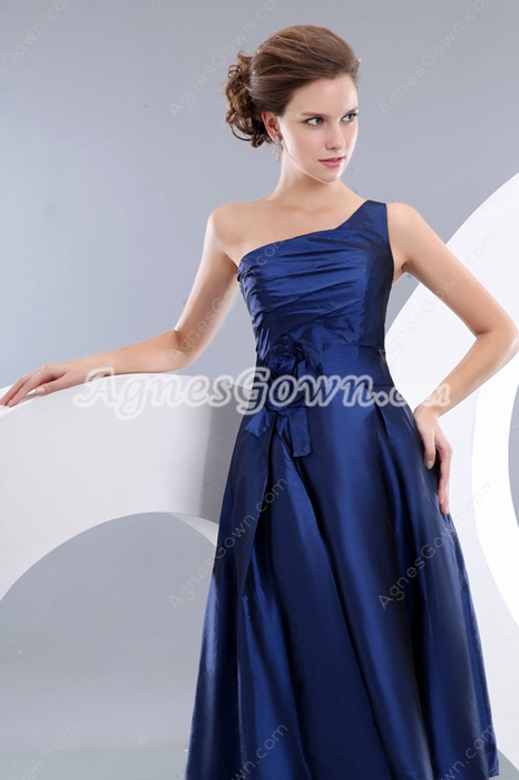 Tea Length One Shoulder Dark Royal Blue Junior Prom Party Dress 