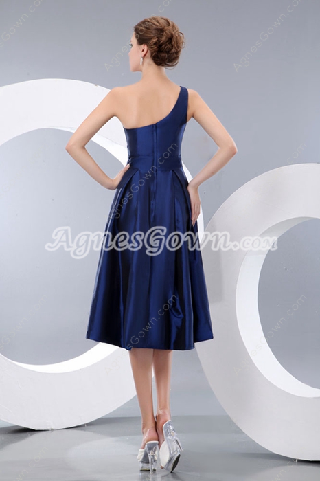Tea Length One Shoulder Dark Royal Blue Junior Prom Party Dress 