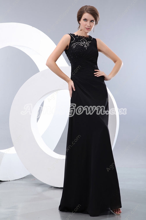 Jewel Neckline A-line Black Chiffon Prom Party Dress  