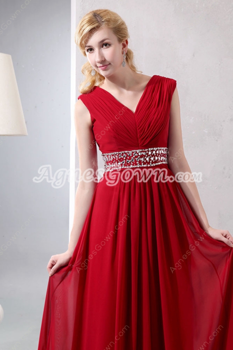 Modest V-Neckline Red Chiffon Prom Dress