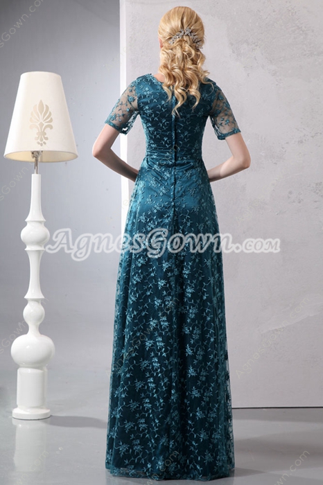 Short Sleeves Long Length Teal Color Lace Mother Dress 