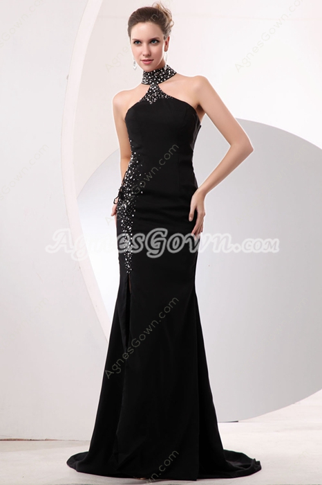 Modern Halter A-line Black Evening Dress With Beads 