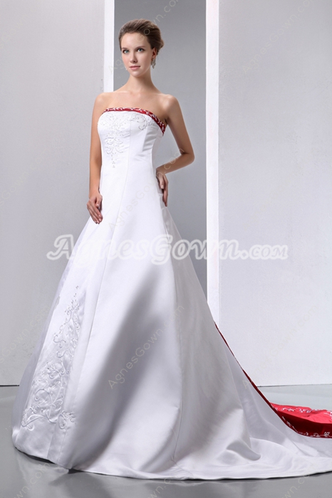 Colorful Red & White Embroidery Satin Wedding Gown 