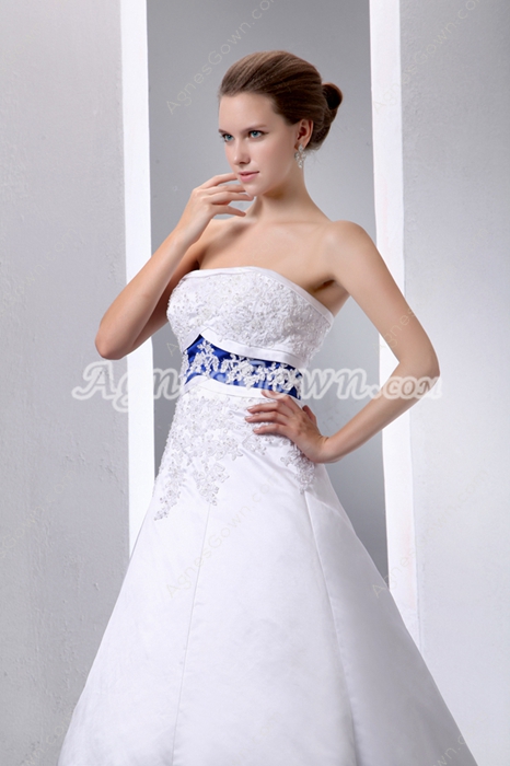 White & Royal Blue Satin Bridal Dress With Lace 
