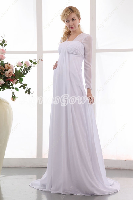 Long Sleeves Chiffon Empire Maternity Wedding Dress 