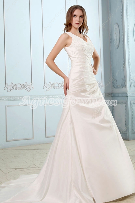 V-Neckline Ivory Satin Plus Size Wedding Dress With Buttons 