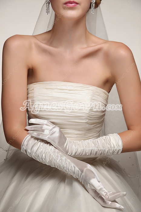 Ivory Ruched Elbow Wedding Gloves 