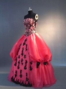 Traditional Strapless Fuchsia and Black Quinceanera Dress
