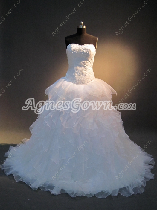 Classy White Organza Sweetheart Ball Gown Wedding Dresses With Ruffles 