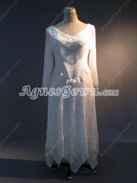 Long Sleeves V-Neckline Western Lace Wedding Dresses With Tassel 