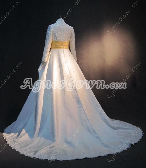 Modest Long Sleeves Winter Wedding Dresses With Yellow Sash 