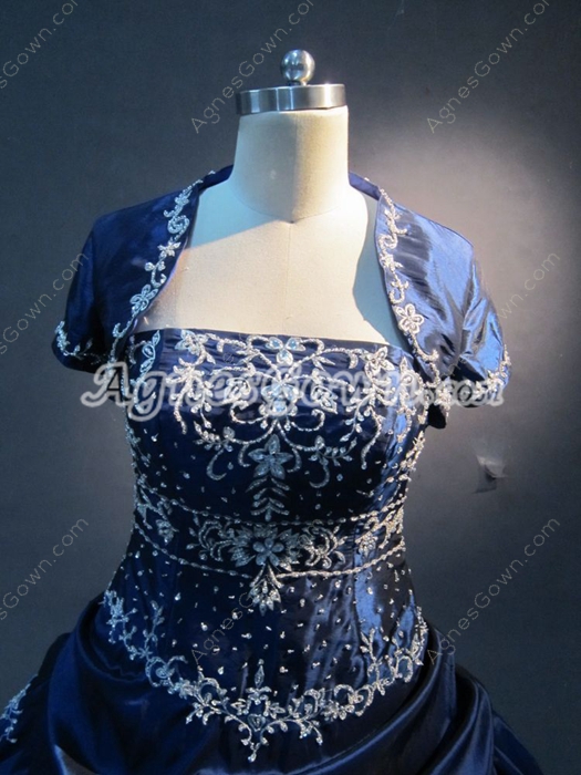 Perfect Navy Embroidery Quinceanera Ball Gown with Jacket