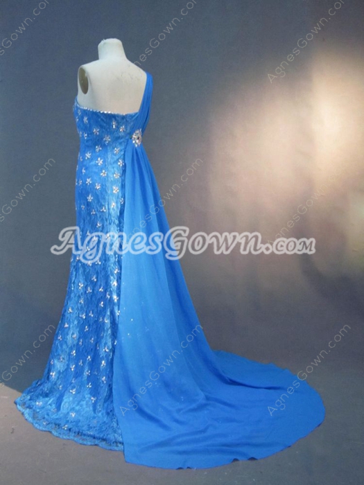 Elegant One Shoulder Blue Chiffon Plus Size Mother of Bride Dress 