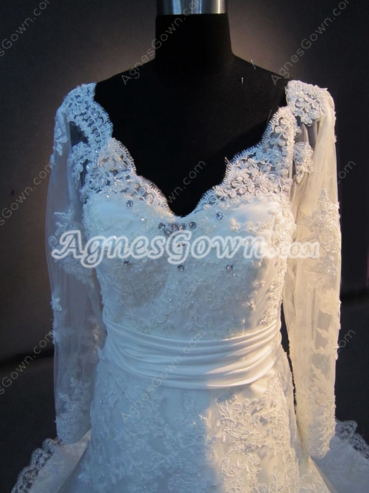 Modest Long Sleeves Lace Wedding Dress with V-neckline