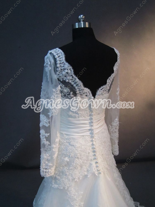 Modest Long Sleeves Lace Wedding Dress with V-neckline