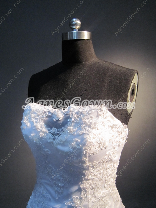 Traditional Strapless A-line Full Length Lace Wedding Dresses With Beads   